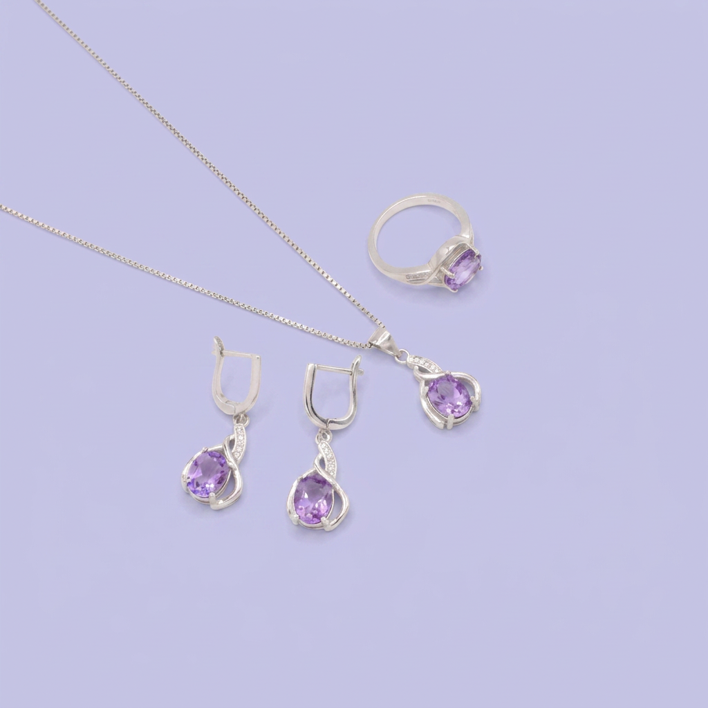Coordinado de Plata .925  Con Detalle de Lineas Cruzadas con Zirconia Morada e Incrustación mod. 2956