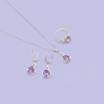 Coordinado de Plata .925  Con Detalle de Lineas Cruzadas con Zirconia Morada e Incrustación mod. 2956