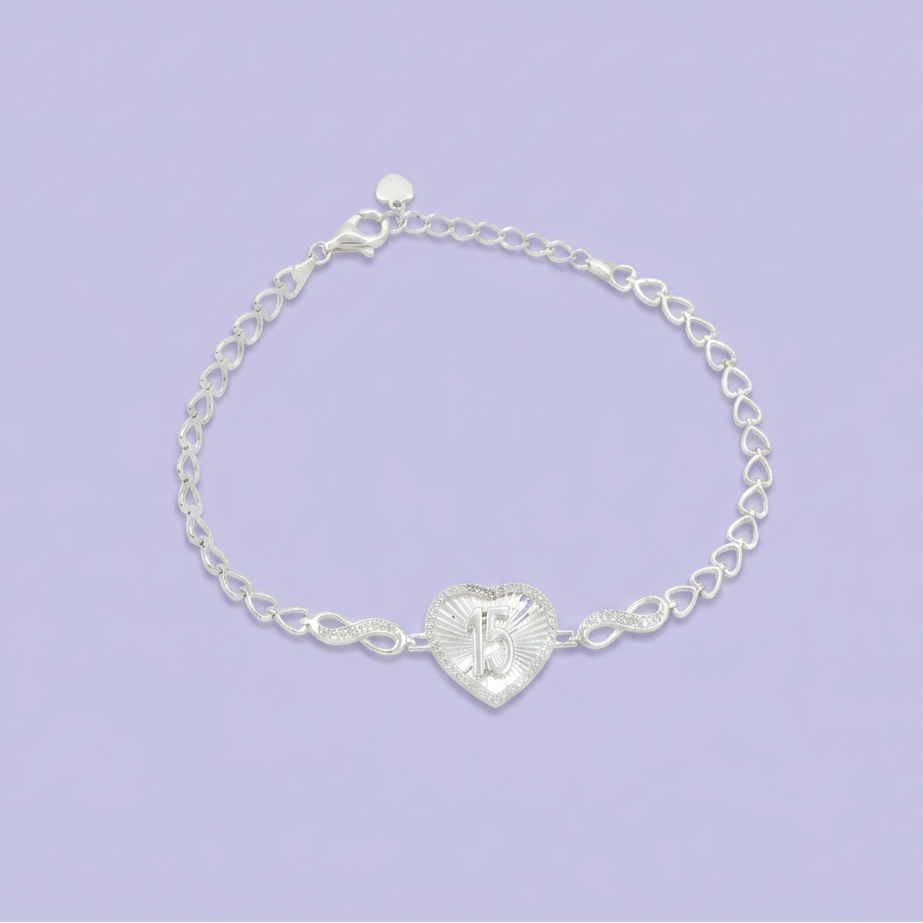Pulsera de Plata .925 con Diseño de 15 años y Corazón con Zirconia mod. 2733