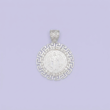 Medallón de Plata .925 Diseño Especial con Bisel de Grecas y Figura de San Judas con Zirconias Brillantes mod. 2560