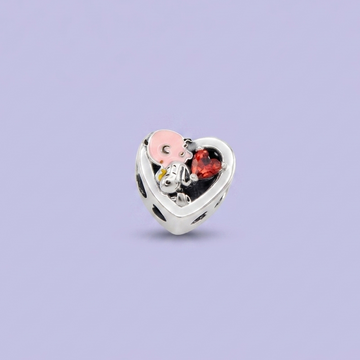 Dije de Plata .925 Estilo Charm en Forma de Corazón Niño ,Perro y Zirconia mod. 2914