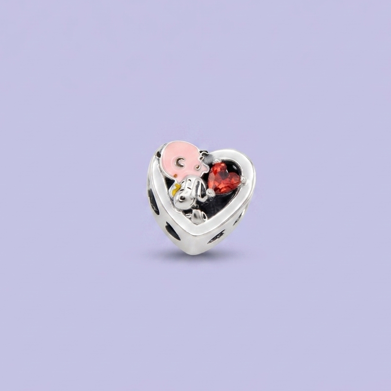 Dije de Plata .925 Estilo Charm en Forma de Corazón Niño ,Perro y Zirconia mod. 2914
