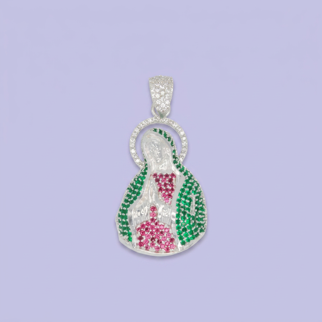 Dije Bulto de Plata .925 Busto de Virgen Guadalupe Incrustada con Zirconias Finas mod. 2550