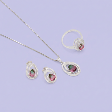 Coordinado de Plata .925 Pétalo Doble Fucsia y Verde con Incrustación de Zirconias mod. 2947
