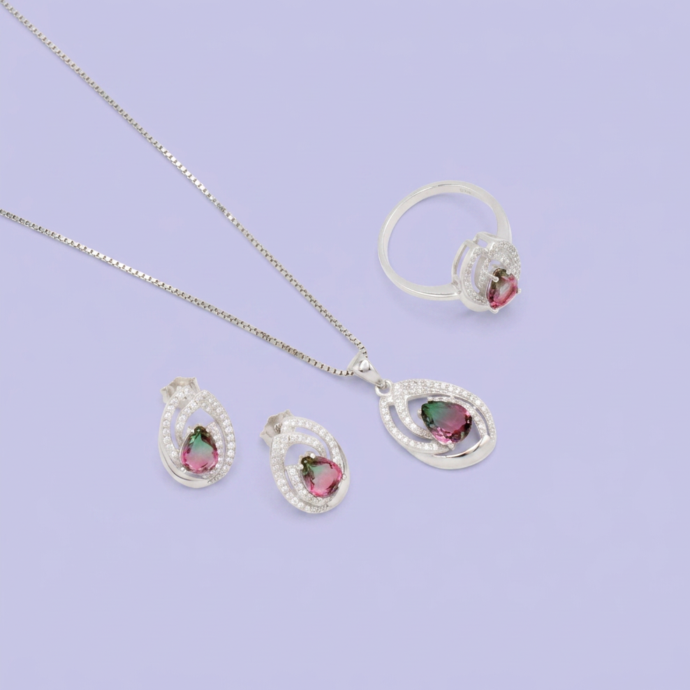 Coordinado de Plata .925 Pétalo Doble Fucsia y Verde con Incrustación de Zirconias mod. 2947