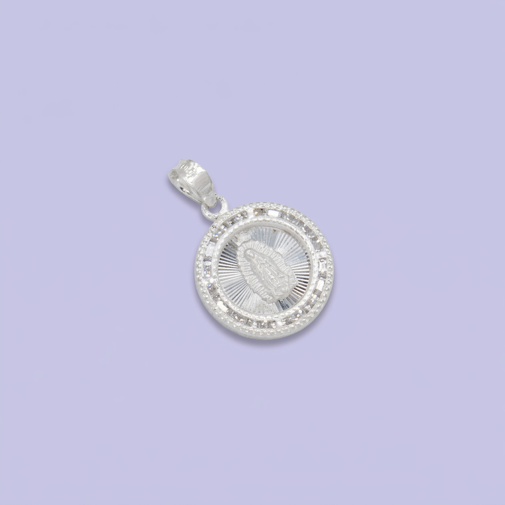 Medalla de Plata .925 Virgen Guadalupe en Diamantado Fino y Bisel de Zirconias mod. 2565