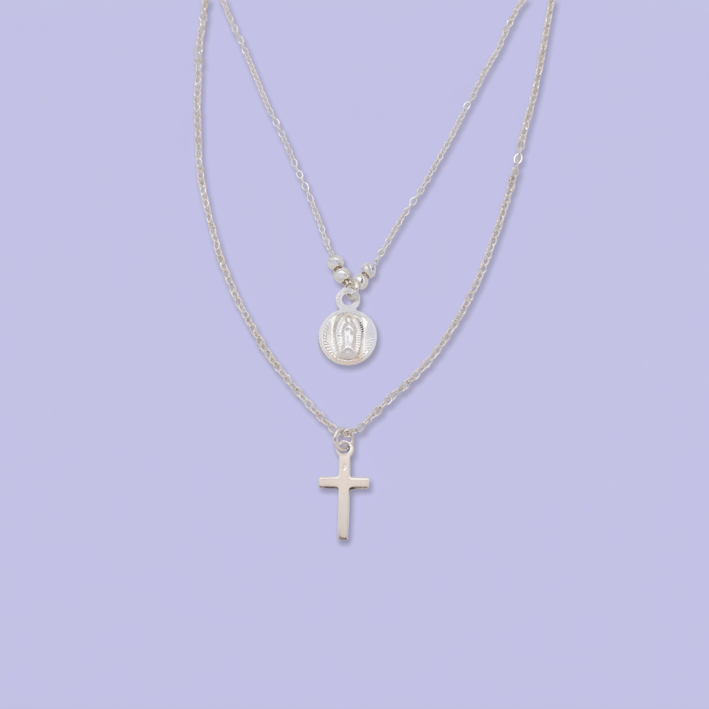 Gargantilla de Plata .925 Diseño Doble con Pequeña Medalla de la Virgen y Cruz Brillante mod. 2991