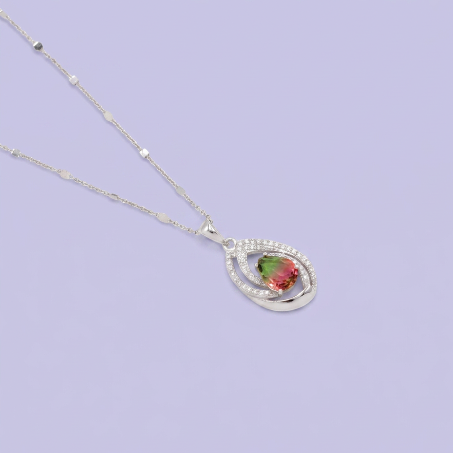 Coordinado de Plata .925  Doble Hoja con Centro Rosa Pastel y Verde e Incrustación de Zirconia mod. 2948