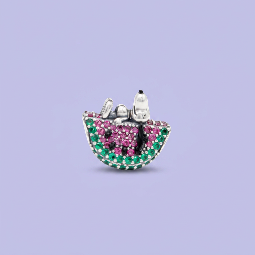 Dije de Plata .925 Estilo Charm con Diseño de Sandia y Perro con Zirconia mod. 2906