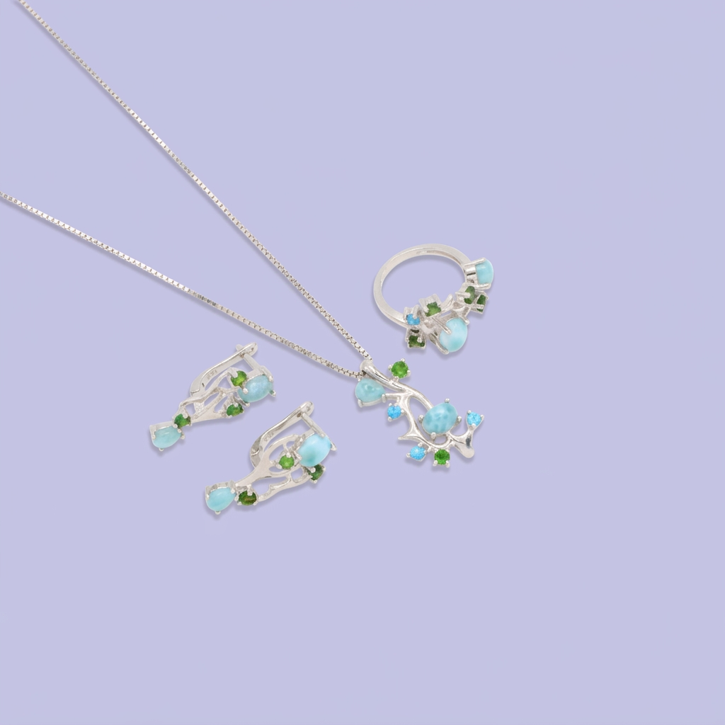 Coordinado de Plata .925 Diseño de Ramas con Zirconia Turquesa y Verde mod. 2953