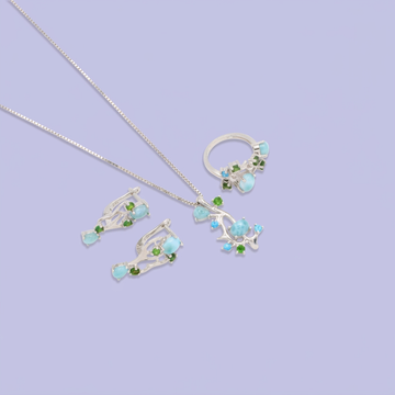 Coordinado de Plata .925 Diseño de Ramas con Zirconia Turquesa y Verde mod. 2953