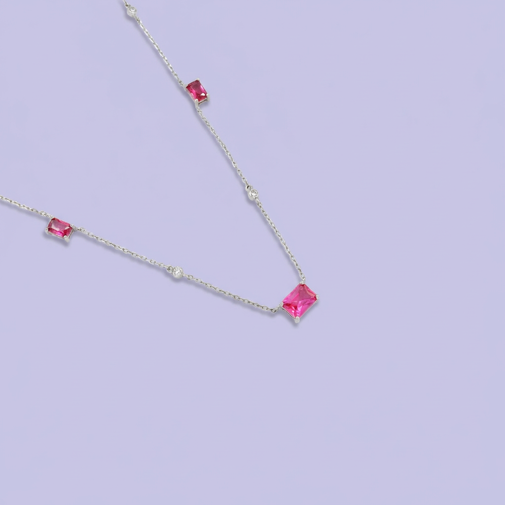 Gargantilla de Plata .925 de Diseño Elegante con Zirconias Finas de Color Rosa Fucsia mod. 2094