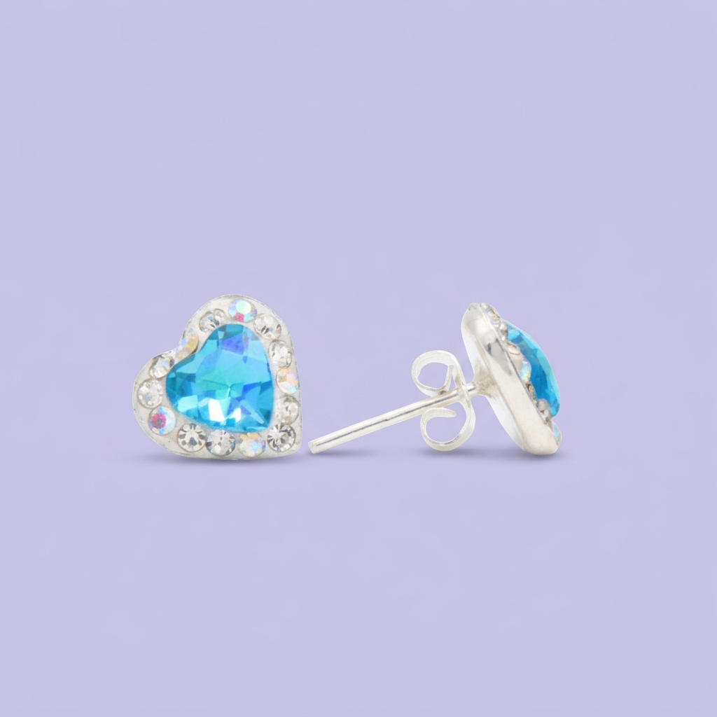 Arete de Plata .925. Corazón Azul Cielo con Incrustación de Zirconias mod. 3169