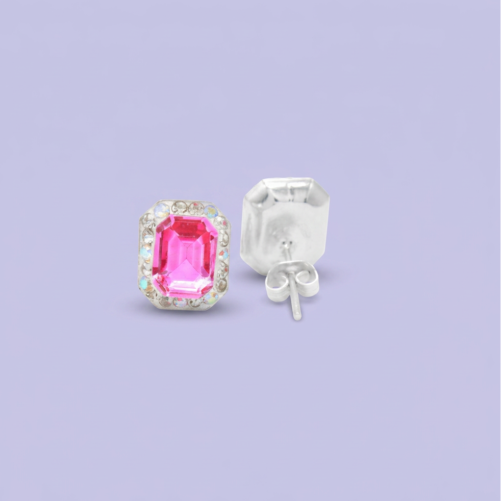 Arete de Plata .925.Rectangular Rosa Fucsia con Incrustación de Zirconias mod. 3183