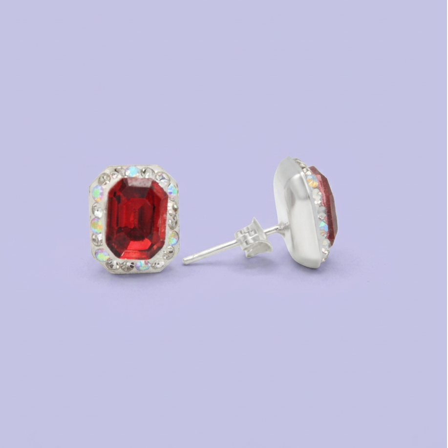 Arete de Plata .925.Rectangular Rojo con Incrustación de Zirconias mod. 3184