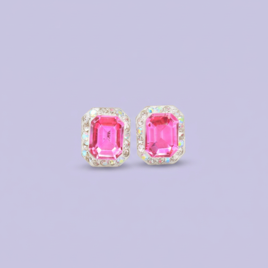Arete de Plata .925.Rectangular Rosa Fucsia con Incrustación de Zirconias mod. 3183