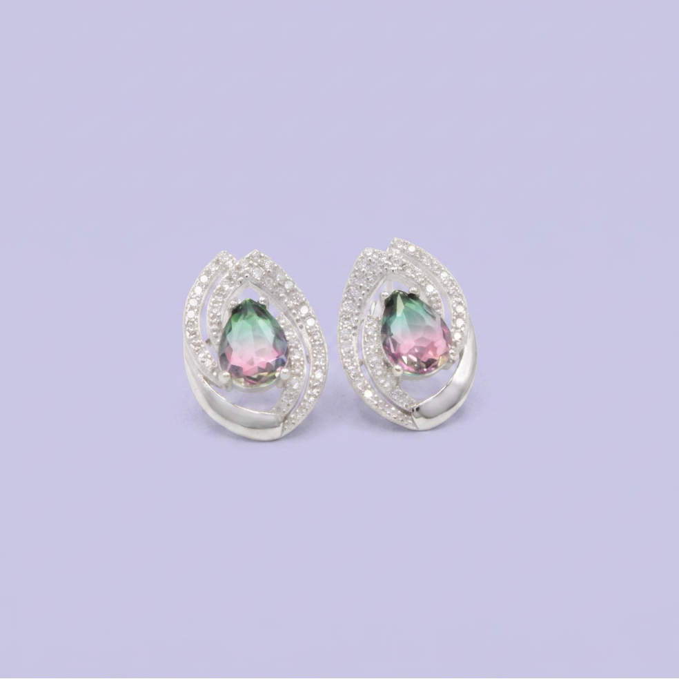 Coordinado de Plata .925 Pétalo Doble Fucsia y Verde con Incrustación de Zirconias mod. 2947