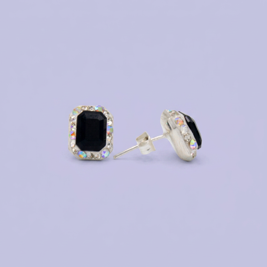 Arete de Plata .925.Rectangular Negro con Incrustación de Zirconias mod. 3186
