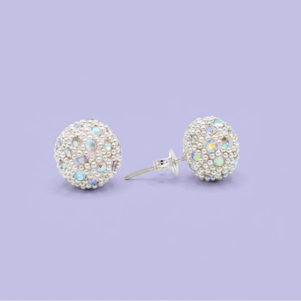 Arete de Plata .925 de Bola con Puntos Plateados y Zirconias Tornazol mod. 2977