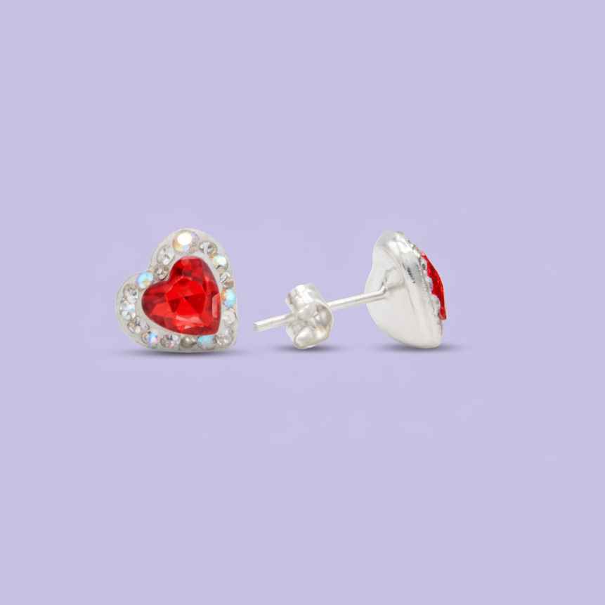 Arete de Plata .925. Corazón Rojo con Incrustación de Zirconias mod. 3173