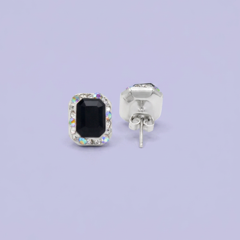 Arete de Plata .925.Rectangular Negro con Incrustación de Zirconias mod. 3186