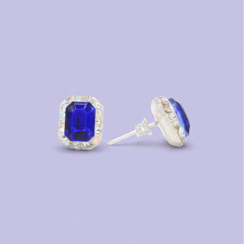 Arete de Plata .925.Rectangular Azul Rey con Incrustación de Zirconias mod. 3187