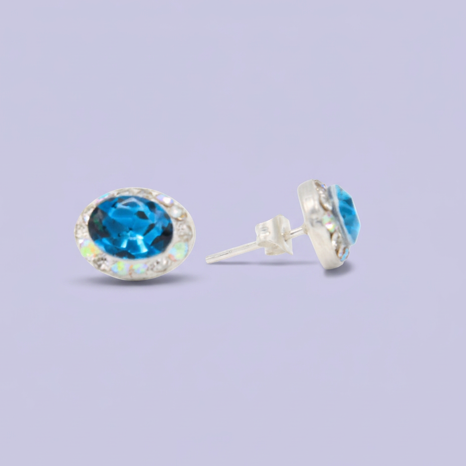Arete de Plata .925. Oval  Azul Turquesa con Incrustación de Zirconias  mod. 3176