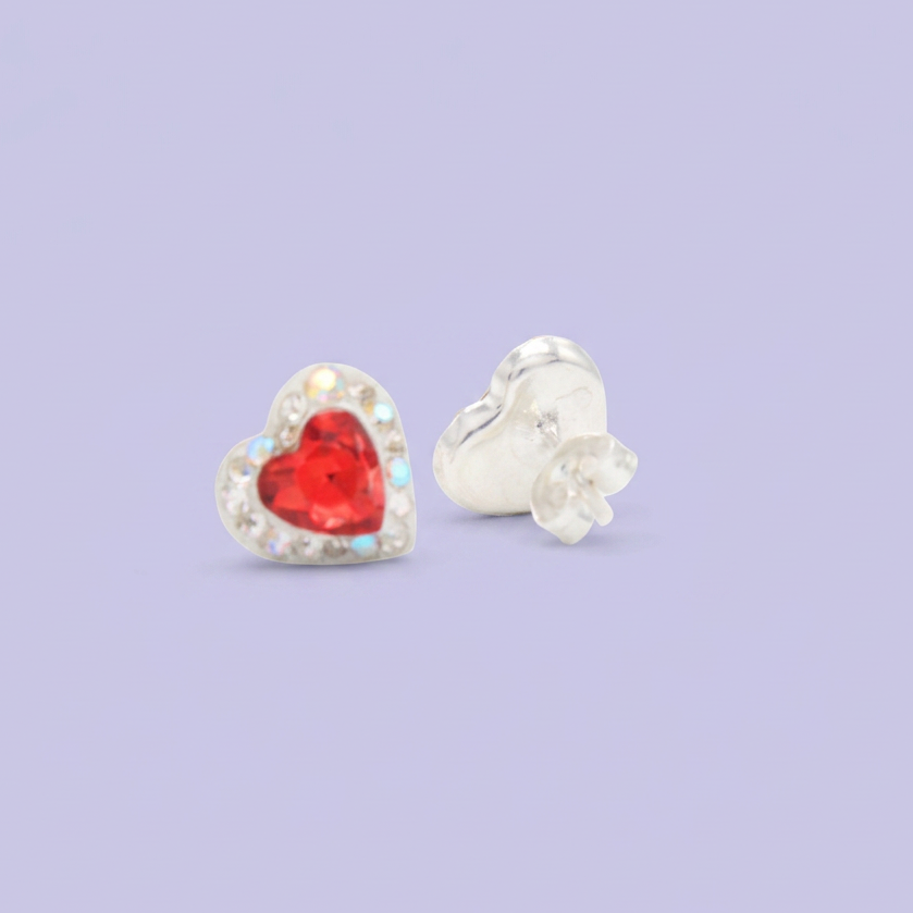 Arete de Plata .925. Corazón Rojo con Incrustación de Zirconias mod. 3173