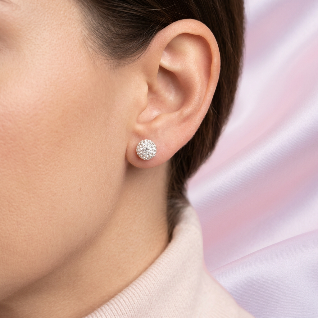 Arete de Plata .925 de Esfera con Diseño de Disco y Zirconias mod. 2976