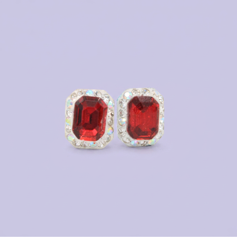 Arete de Plata .925.Rectangular Rojo con Incrustación de Zirconias mod. 3184
