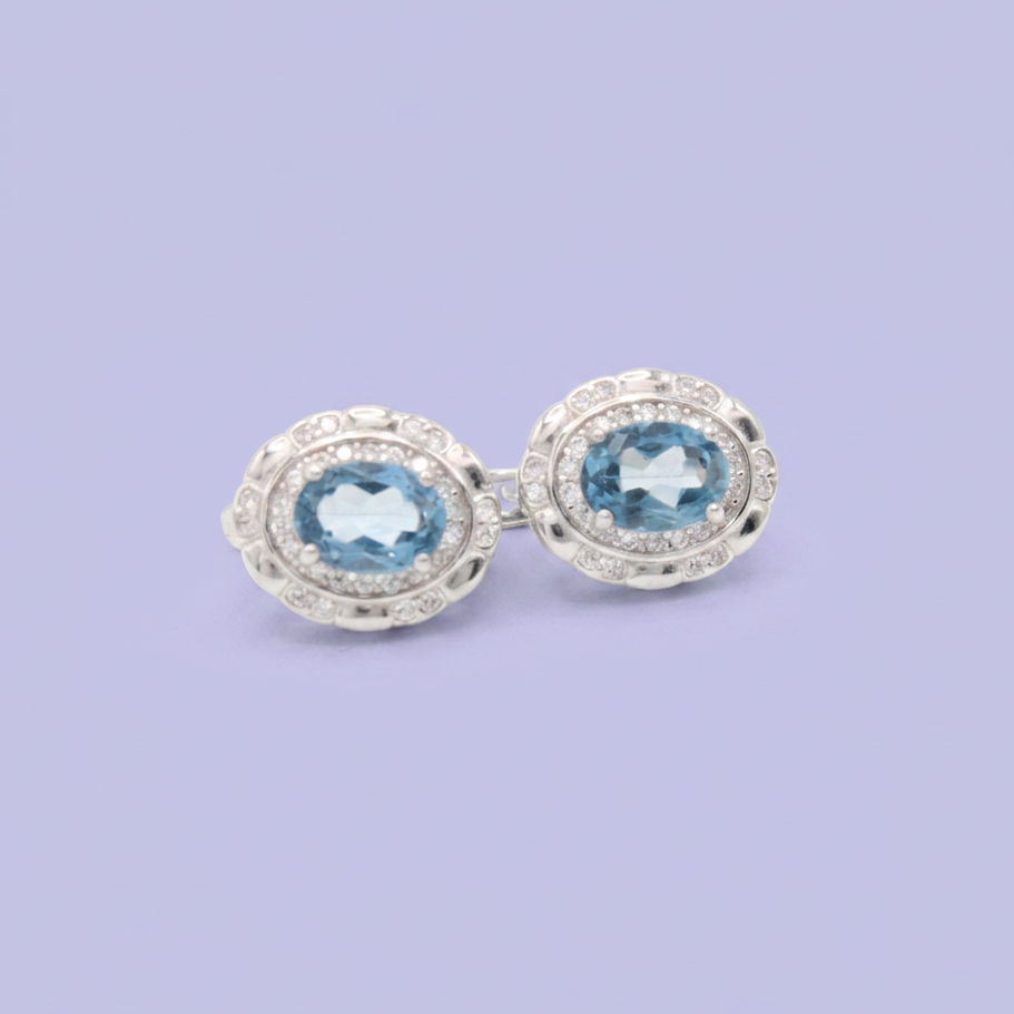 Coordinado de Plata .925  Con Diseño Oval Azul Cielo e Incrustación de Zirconias mod. 2952