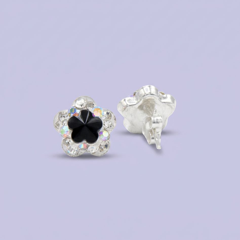 Arete de Plata .925.  Flor Negra Incrustación de Zirconia mod. 3194