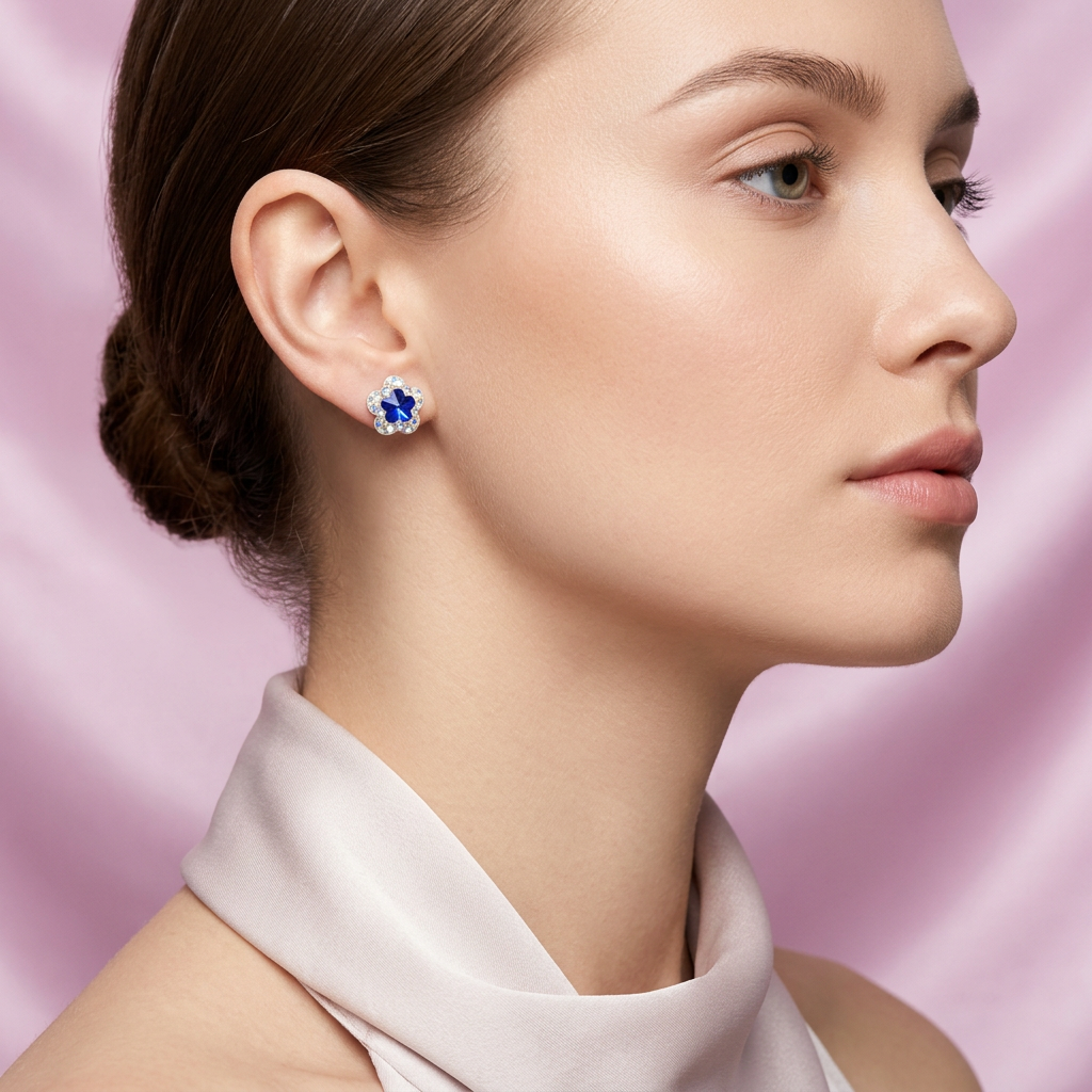 Arete de Plata .925. Flor Azul Rey e Incrustación de Zirconia mod. 3197