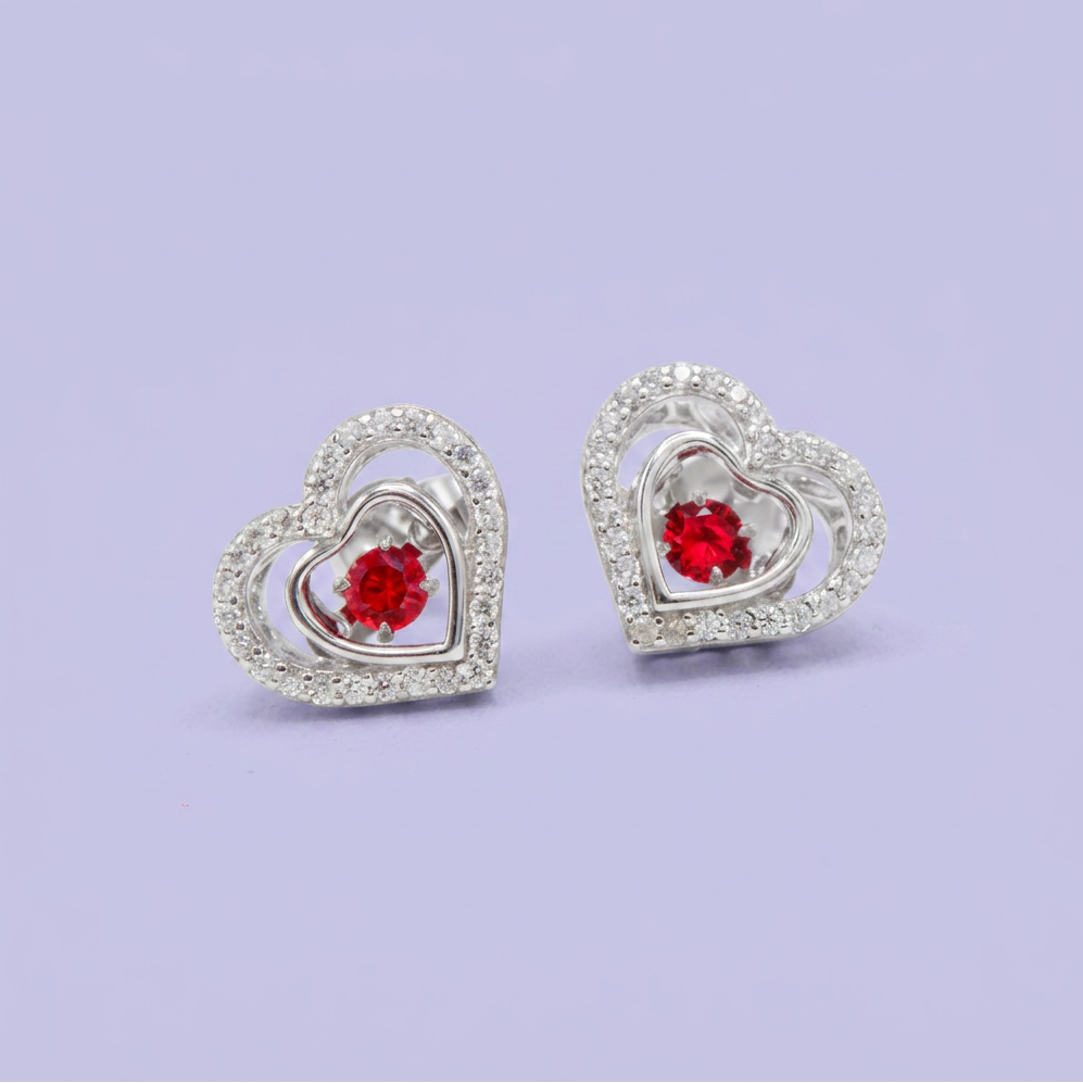 Coordinado de Plata .925 Corazón Doble con Incrustación de Zirconias y Centro de Zirconia Rojo mod. 2945