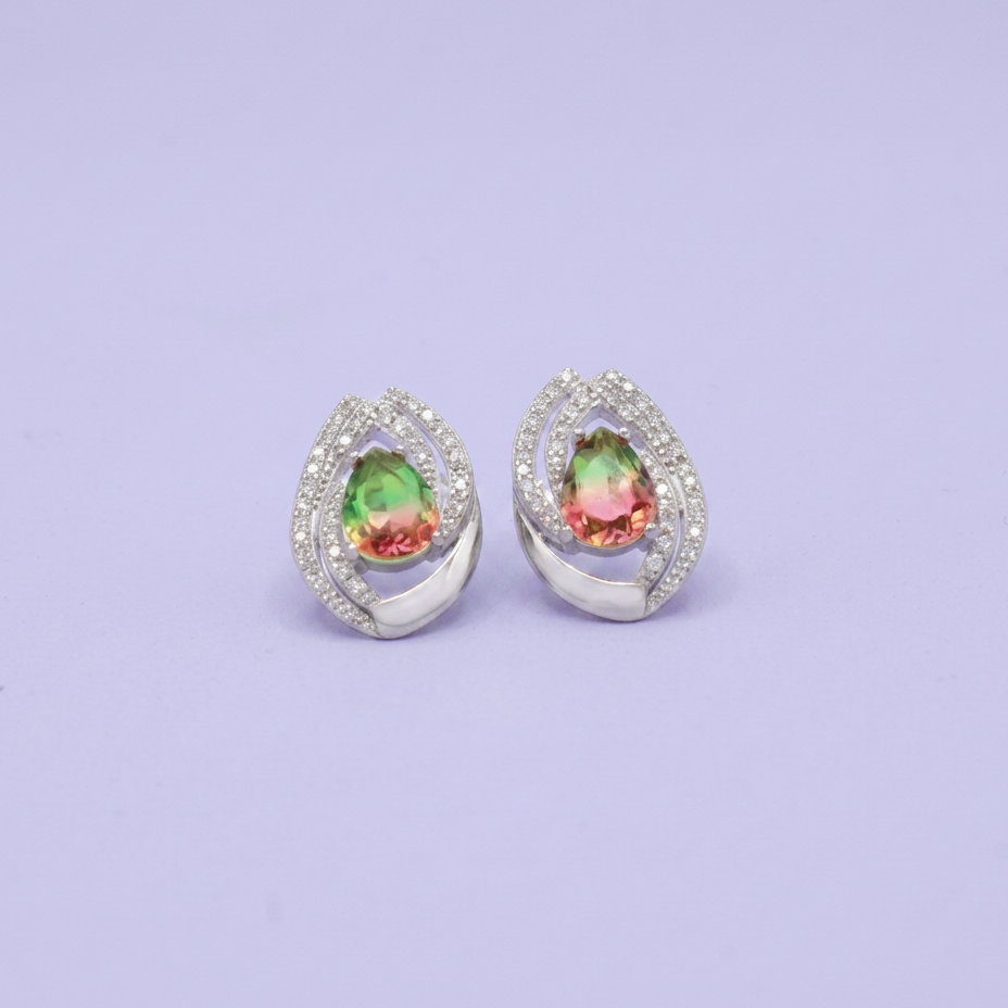 Coordinado de Plata .925  Doble Hoja con Centro Rosa Pastel y Verde e Incrustación de Zirconia mod. 2948