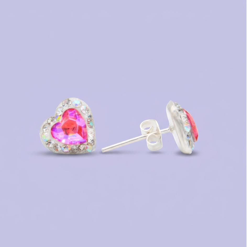 Arete de Plata .925. Corazón Rosa con Incrustación de  Zirconias mod. 3172