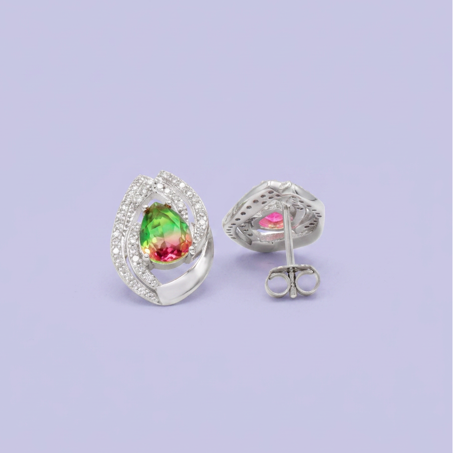 Coordinado de Plata .925  Doble Hoja con Centro Rosa Pastel y Verde e Incrustación de Zirconia mod. 2948