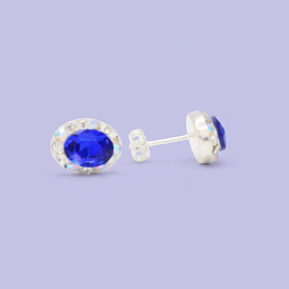 Arete de Plata .925.Oval Azul Marino con Incrustación de Zirconias mod. 3181