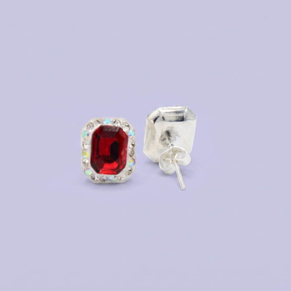 Arete de Plata .925.Rectangular Rojo con Incrustación de Zirconias mod. 3184
