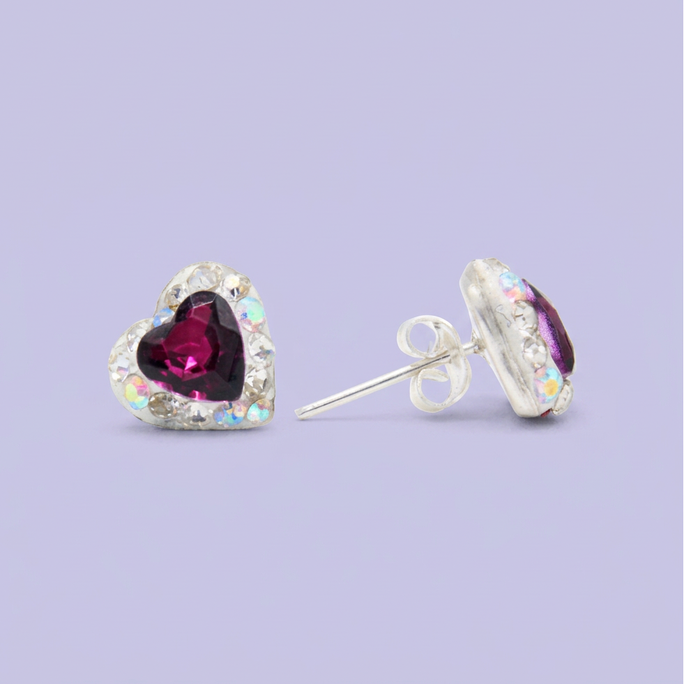 Arete de Plata .925. Corazón Morado con Incrustación de Zirconias mod. 3174