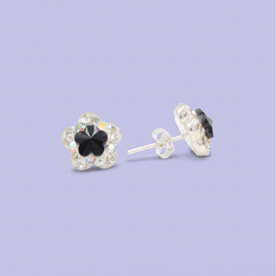 Arete de Plata .925.  Flor Negra Incrustación de Zirconia mod. 3194