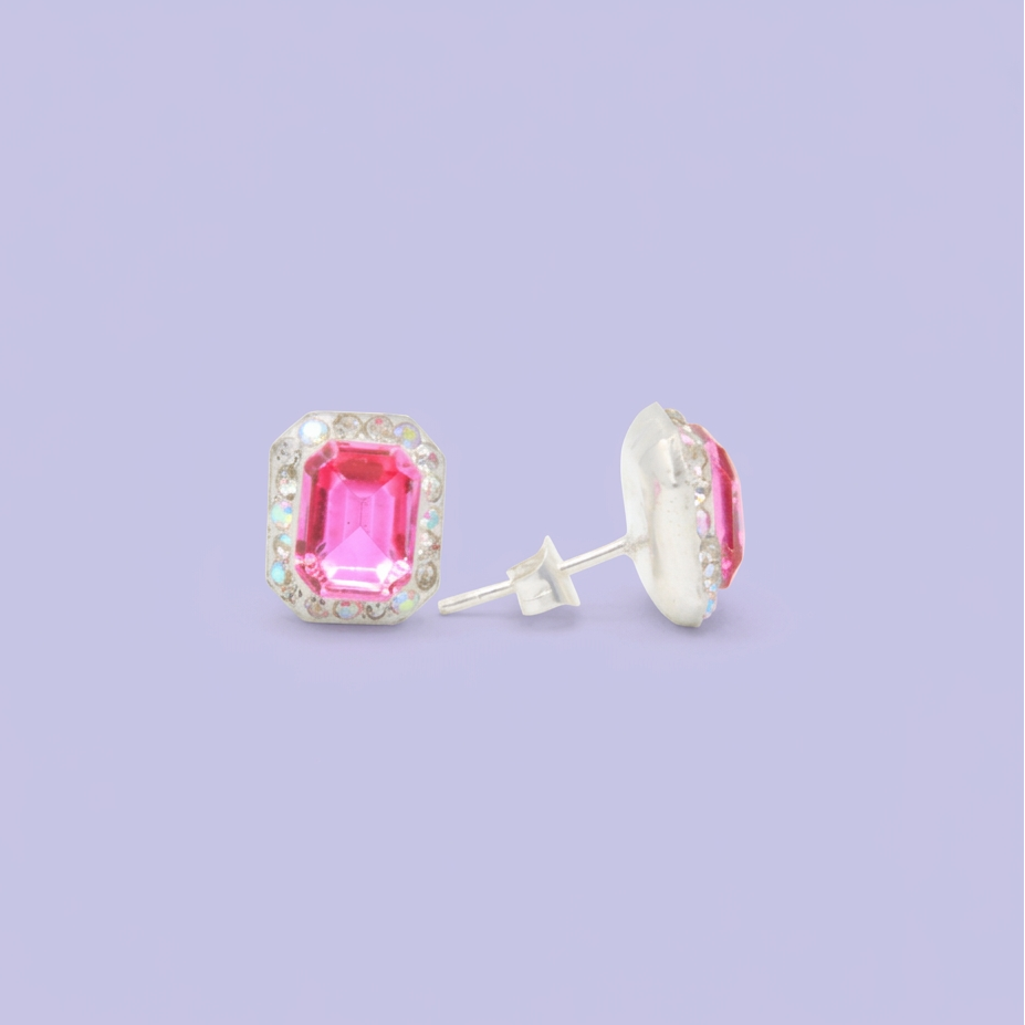 Arete de Plata .925.Rectangular Rosa Fucsia con Incrustación de Zirconias mod. 3183