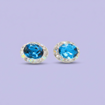 Arete de Plata .925. Oval  Azul Turquesa con Incrustación de Zirconias  mod. 3176