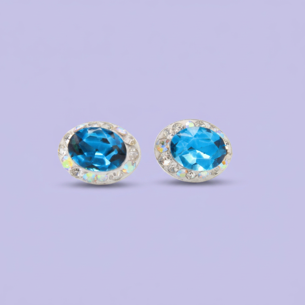 Arete de Plata .925. Oval  Azul Turquesa con Incrustación de Zirconias  mod. 3176