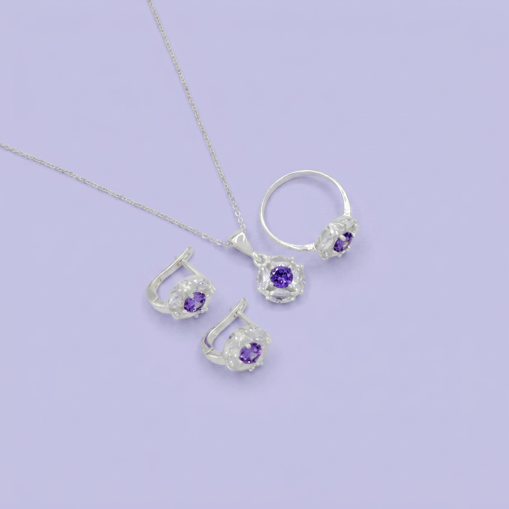 Coordinado de Plata .925 Elipse de Bello Color Lila mod. 2589