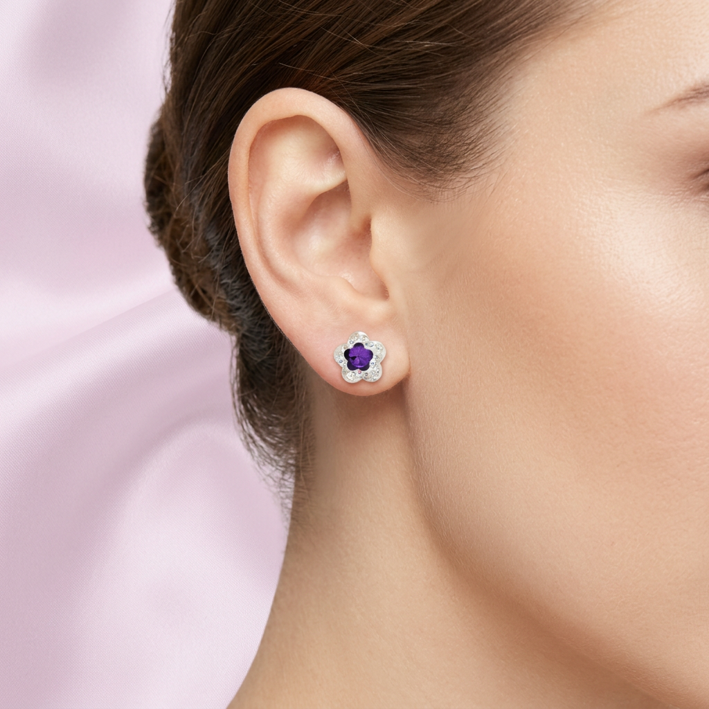Arete de Plata .925. Flor  Violeta e Incrustación de Zirconia mod. 3199