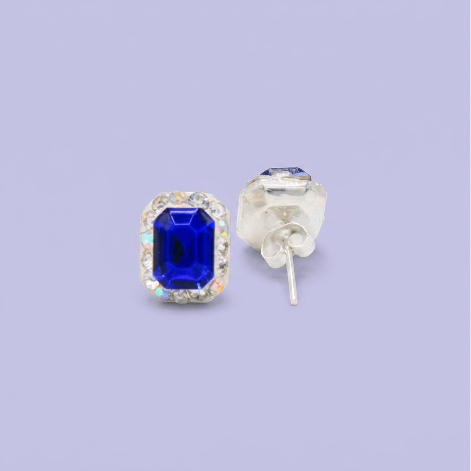 Arete de Plata .925.Rectangular Azul Rey con Incrustación de Zirconias mod. 3187