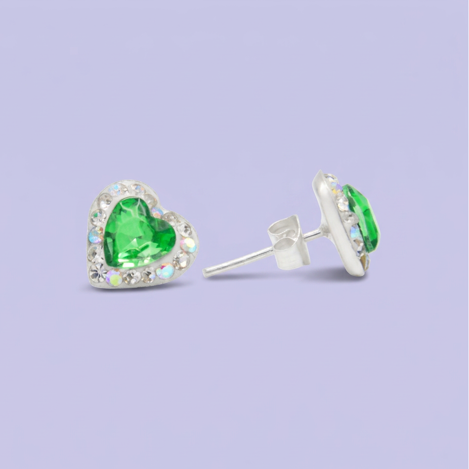 Arete de Plata .925. Corazón Verde con Incrustación de Zirconias mod. 3168