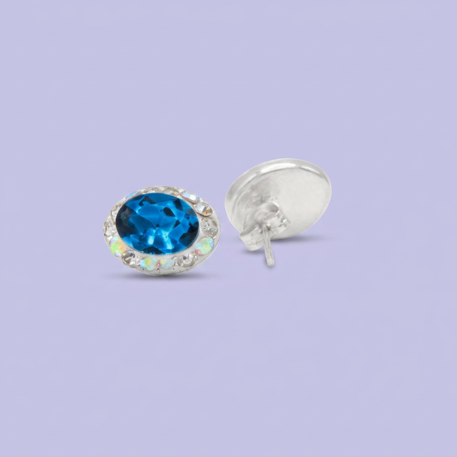 Arete de Plata .925. Oval  Azul Turquesa con Incrustación de Zirconias  mod. 3176
