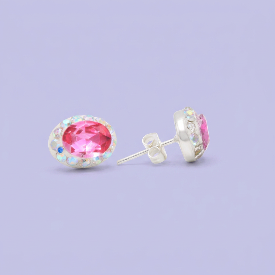 Arete de Plata .925. Oval Rosa con Incrustación de Zirconias mod. 3175